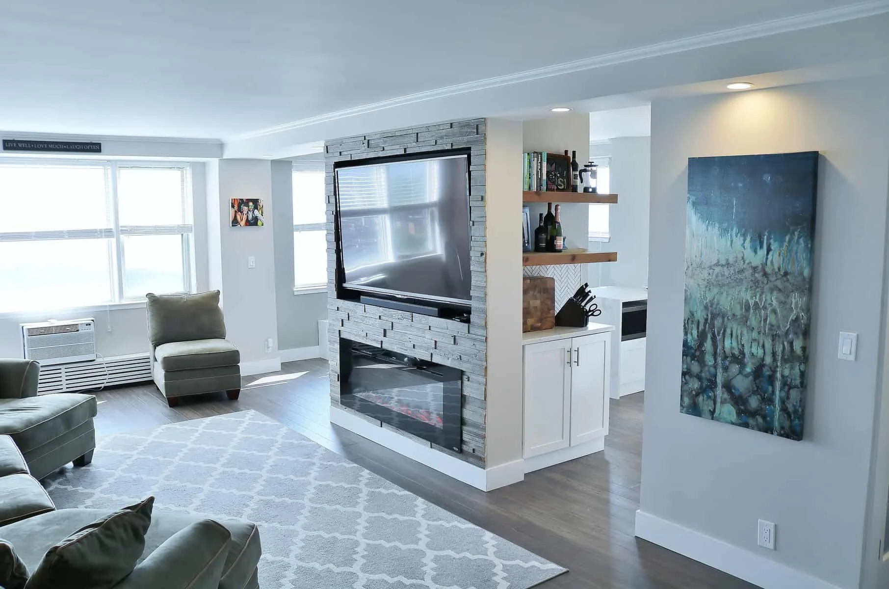 kitchen and living room renovation in a condo