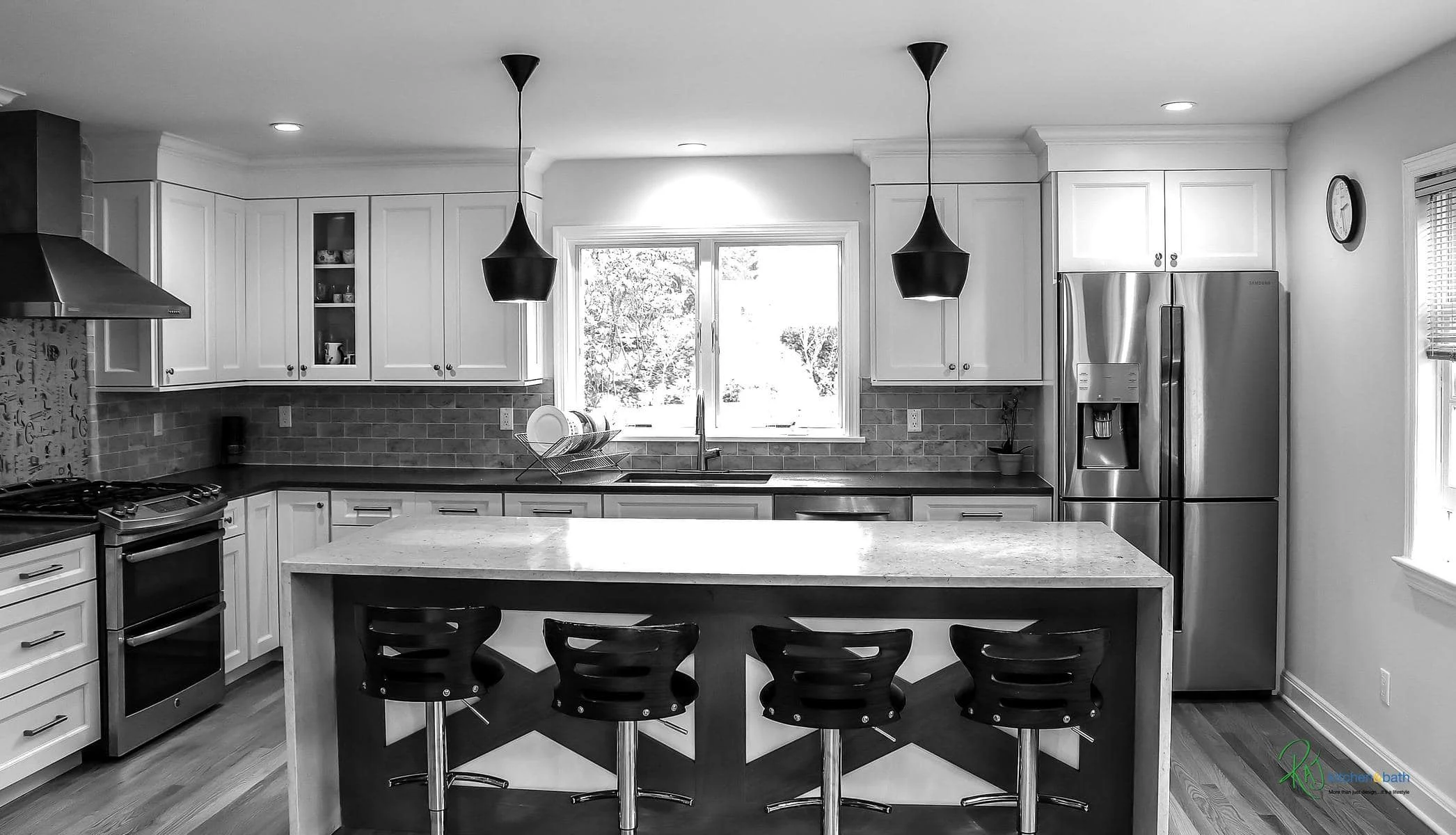 Large Island with Pendant, white cabinets and open concept kitchen