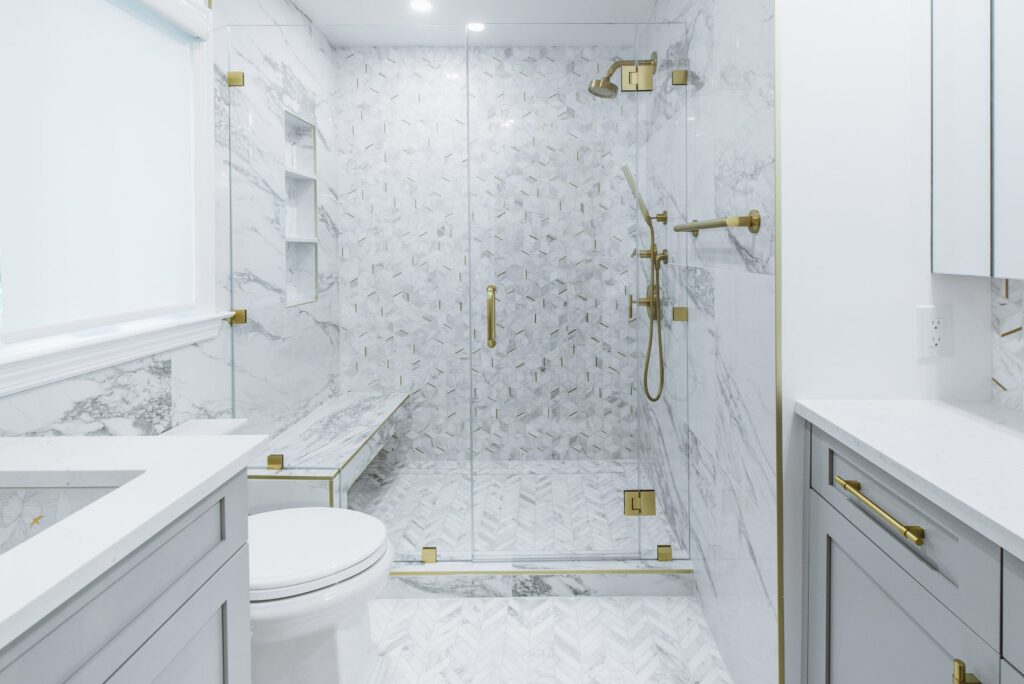 RAJ_240608-87 Marble tile with brass hardware bathroom remodel