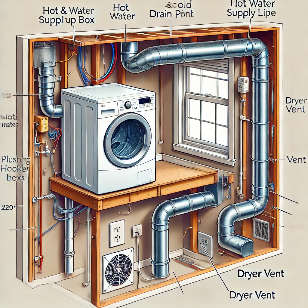 picture showing plumbing and venting for laundry upstairs set up