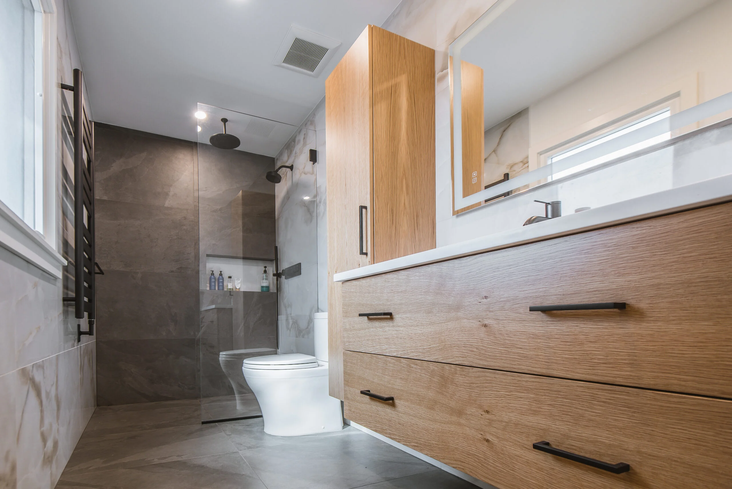 BATHROOM 1 bathroom remodel Greenburgh NY with floating wood vanity and walk-in shower