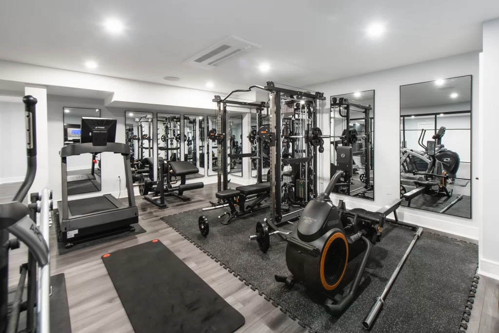 Home gym designed as part of a basement renovation in Westchester County