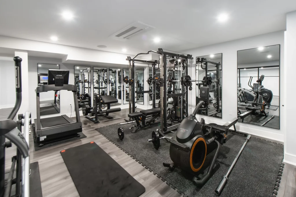 modern-home-gym-basement-renovation Home gym designed as part of a basement renovation in Westchester County