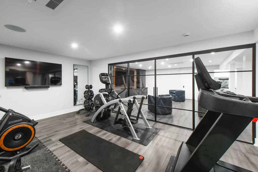 Home gym designed as part of a basement renovation in Westchester County