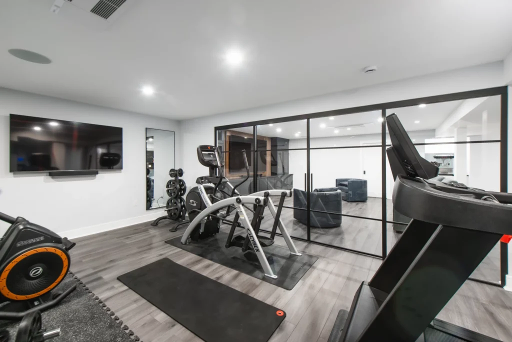 modern-home-gym-basement-renovation Home gym designed as part of a basement renovation in Westchester County