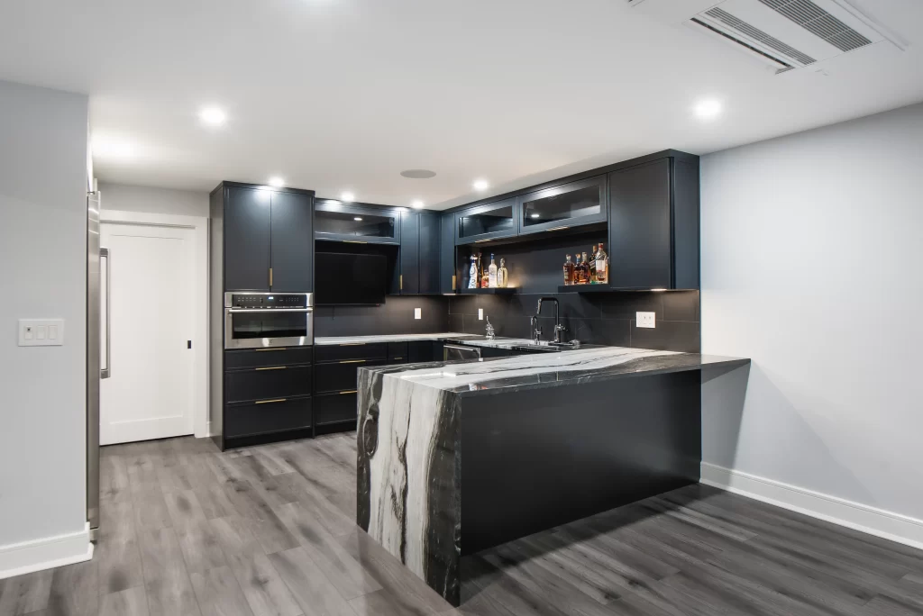 Basement entertainment bar designed for a Westchester County home renovation