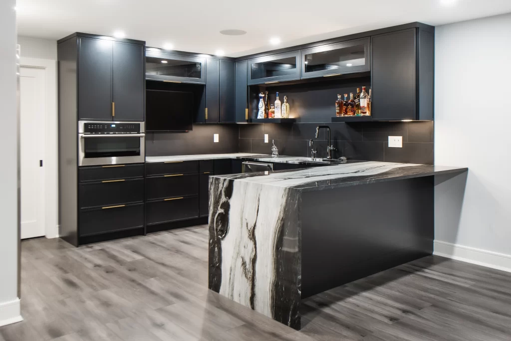 Basement entertainment bar designed for a Westchester County home renovation