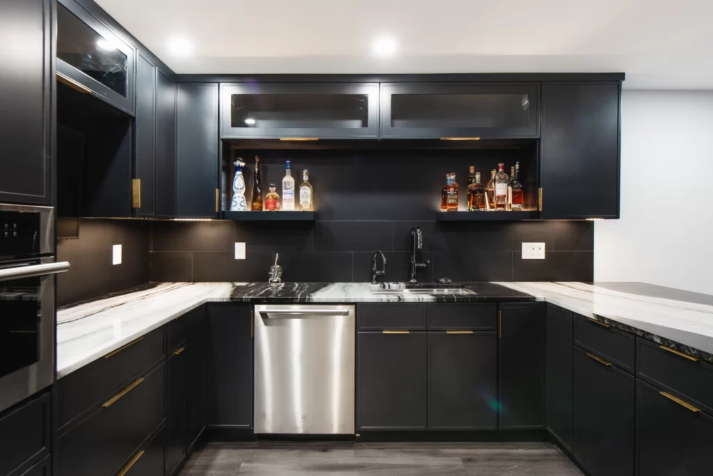 Basement entertainment bar designed for a Westchester County home renovation