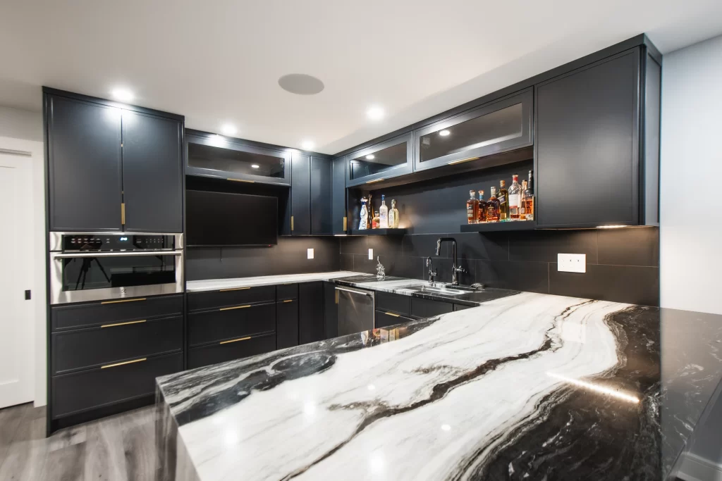 Basement entertainment bar designed for a Westchester County home renovation
