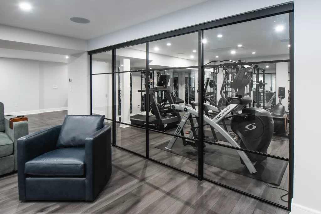 Home gym designed as part of a basement renovation in Westchester County