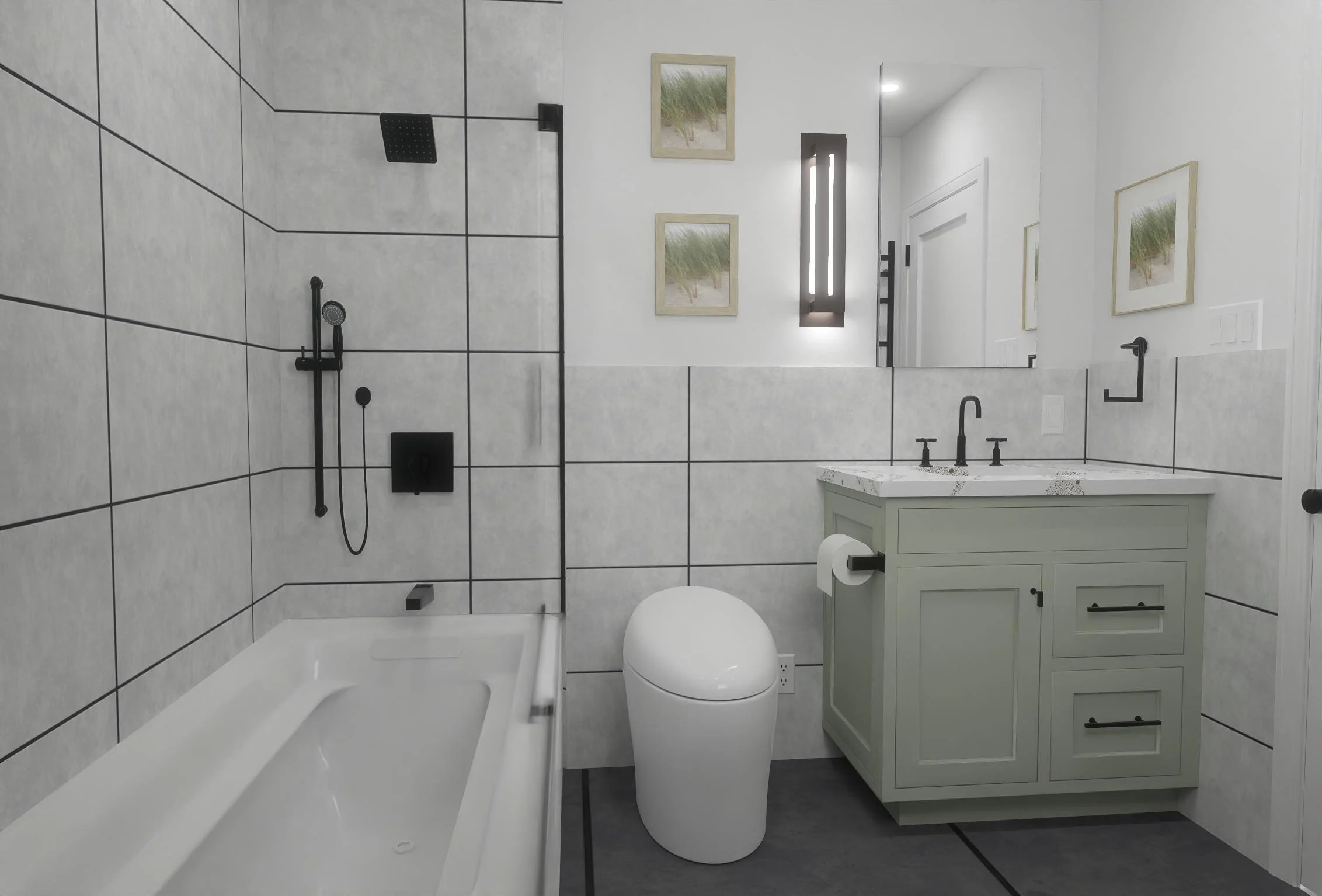 RAJ Signature Bath package rendering — large-format tile, glass tub enclosure, designer vanity and matte-black fixtures
