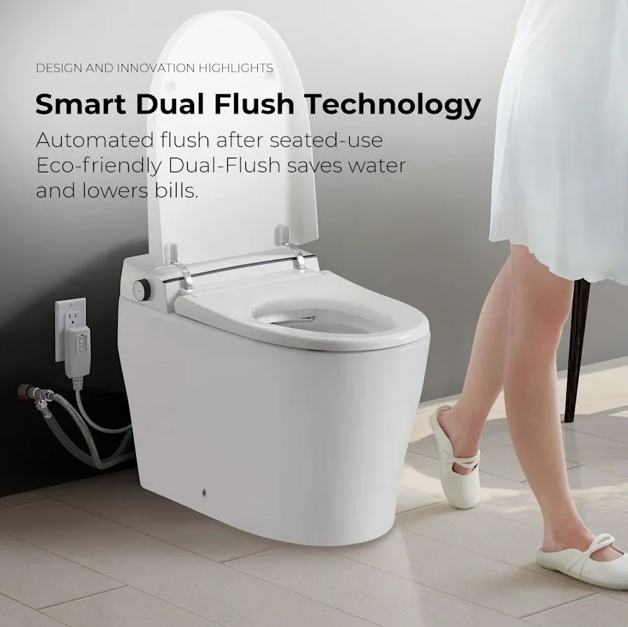 Elongated smart toilet with automatic dual flush