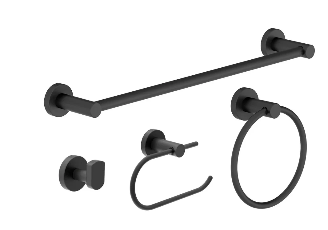 Matte-black towel bar, ring, robe hook and toilet paper holder