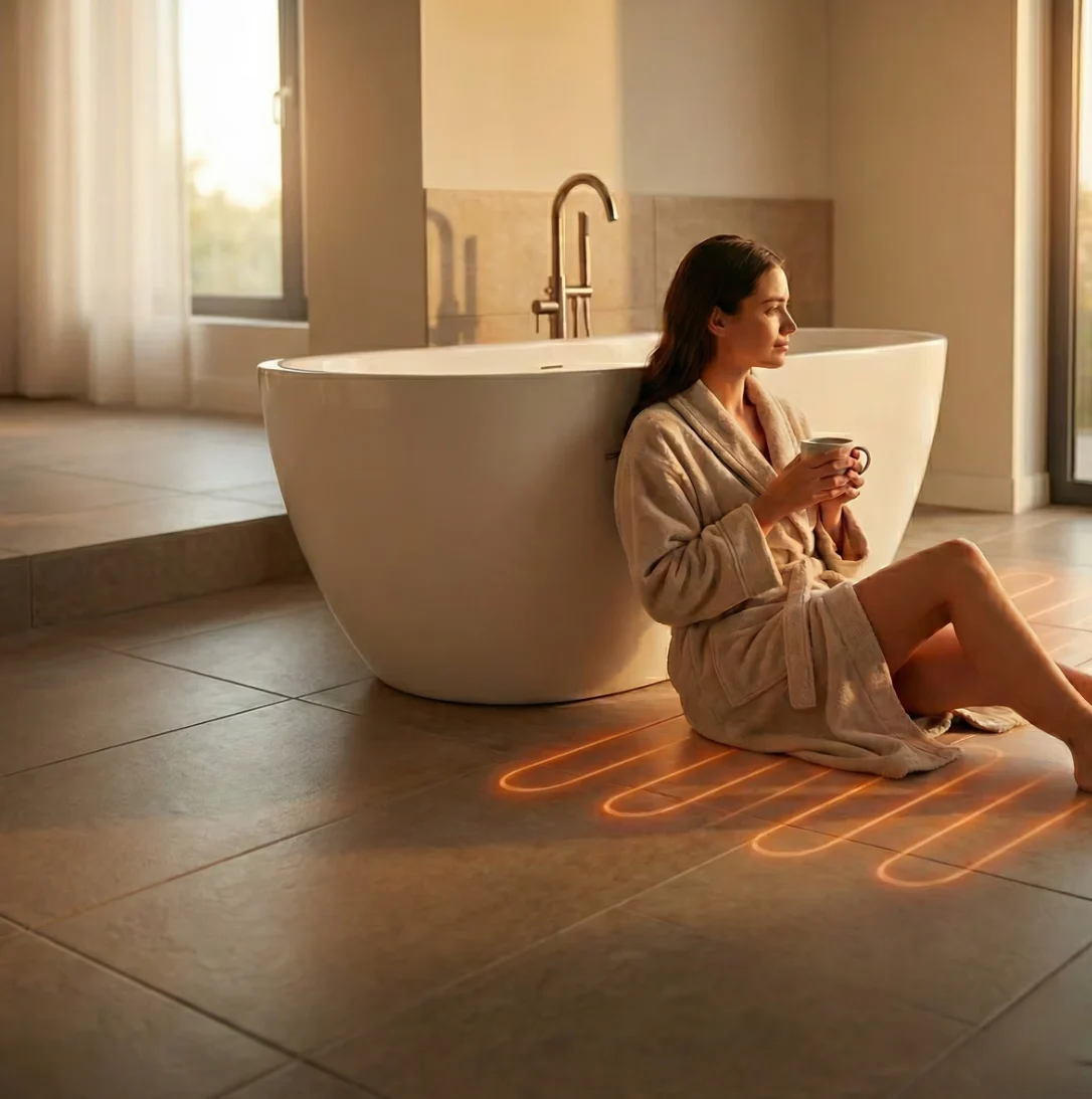 Radiant heated bathroom floor