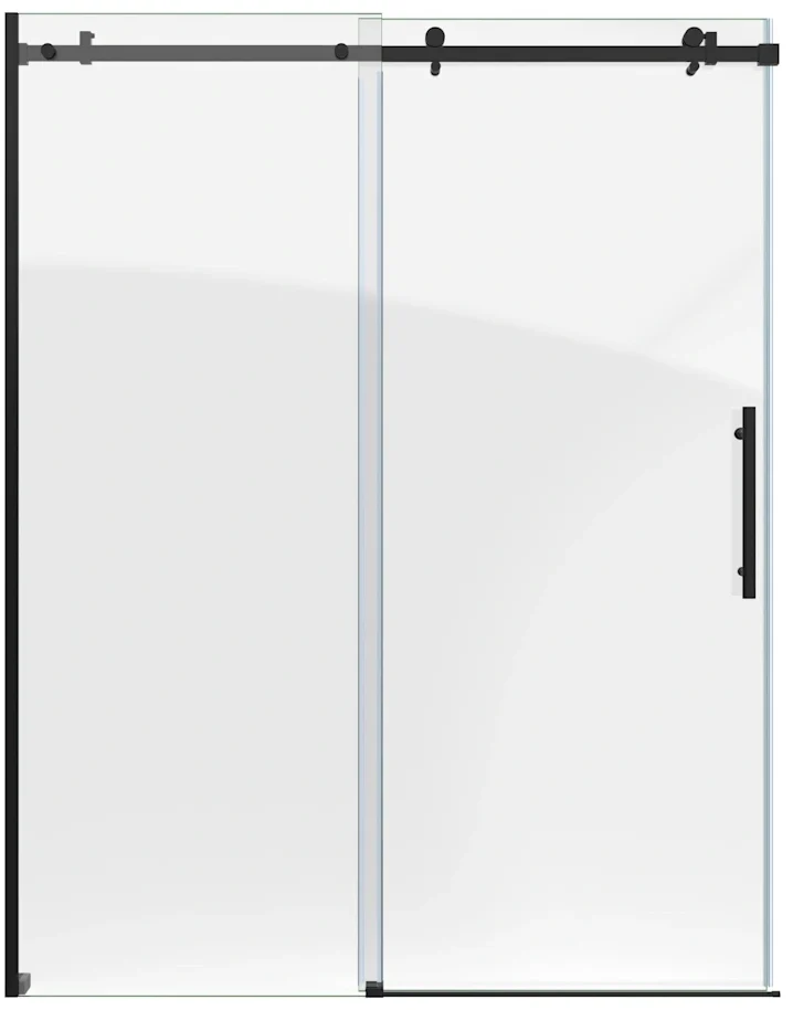 Frameless sliding glass tub door with matte-black hardware